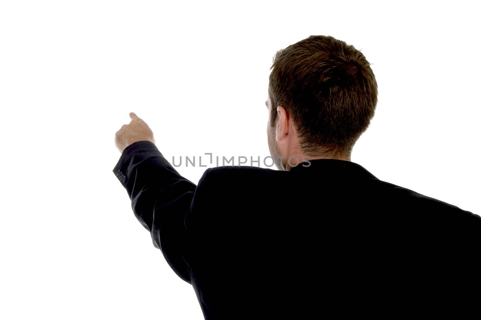 young businessman showing finger with white background