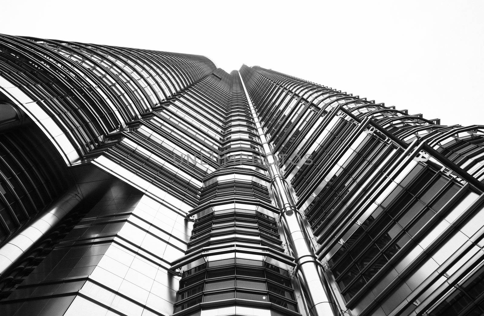 Close-up of details on the science fiction architecture of the Petronas Towers.