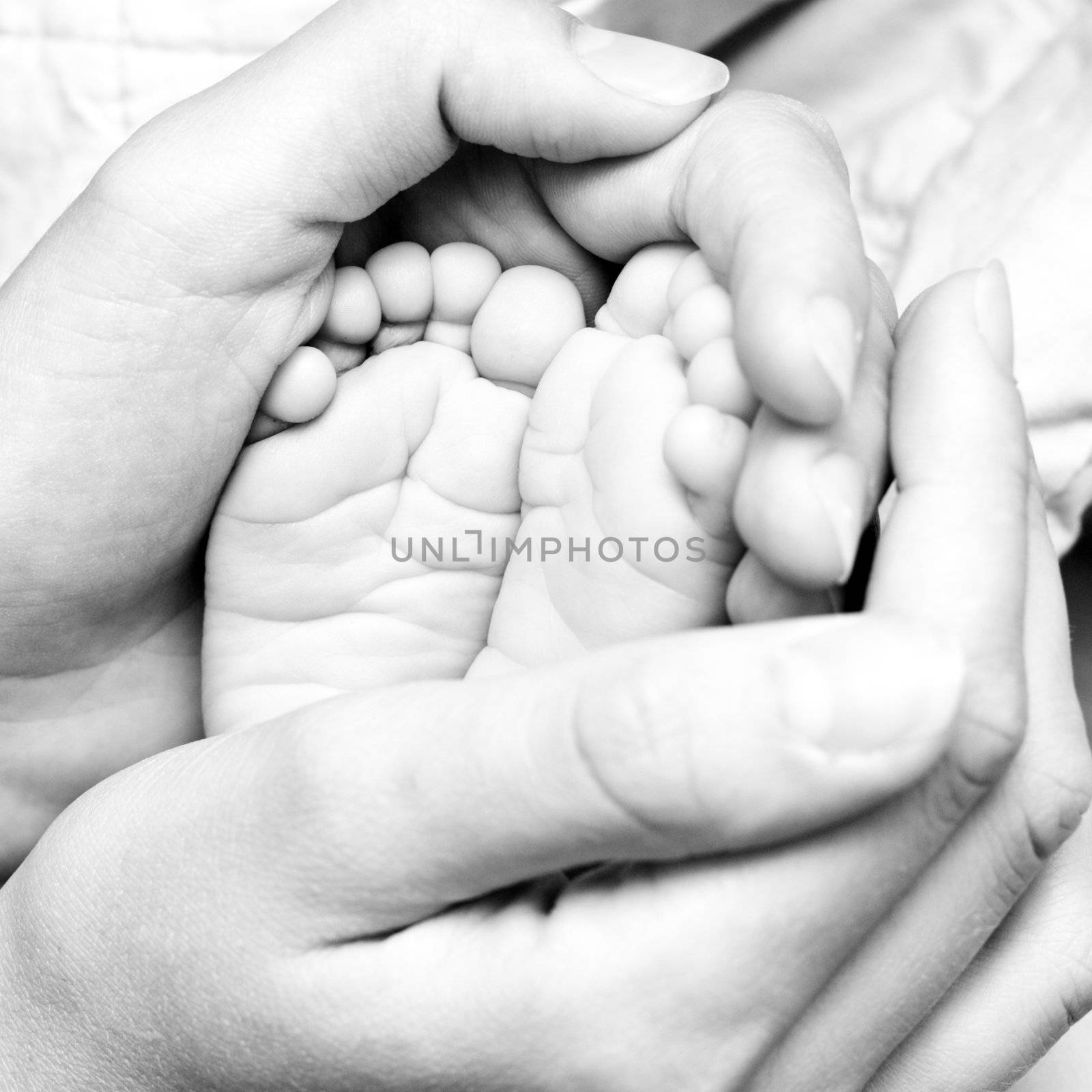 Mother holding her child's feet, b&w shot