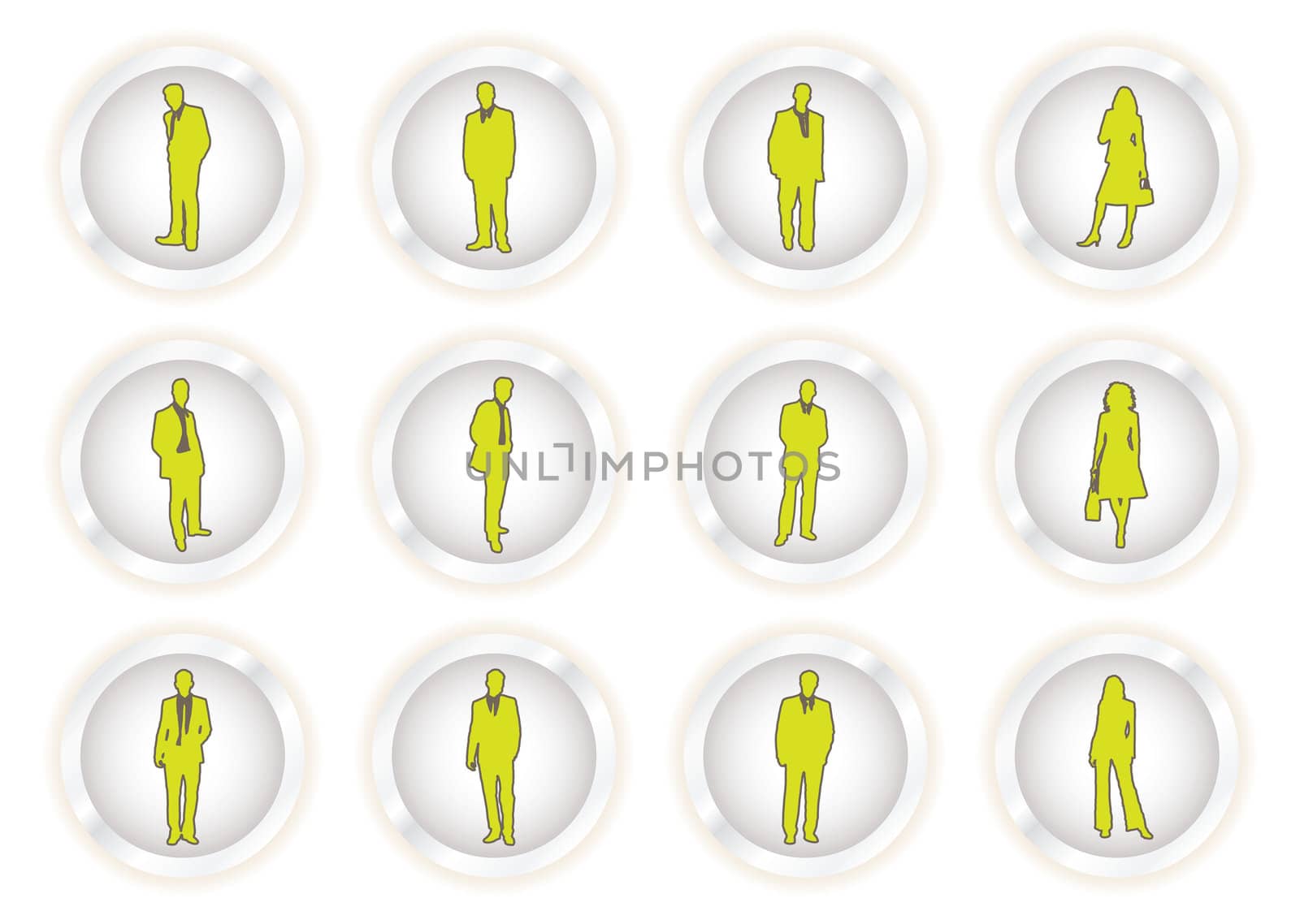 collection of eight business buttons with people outlined