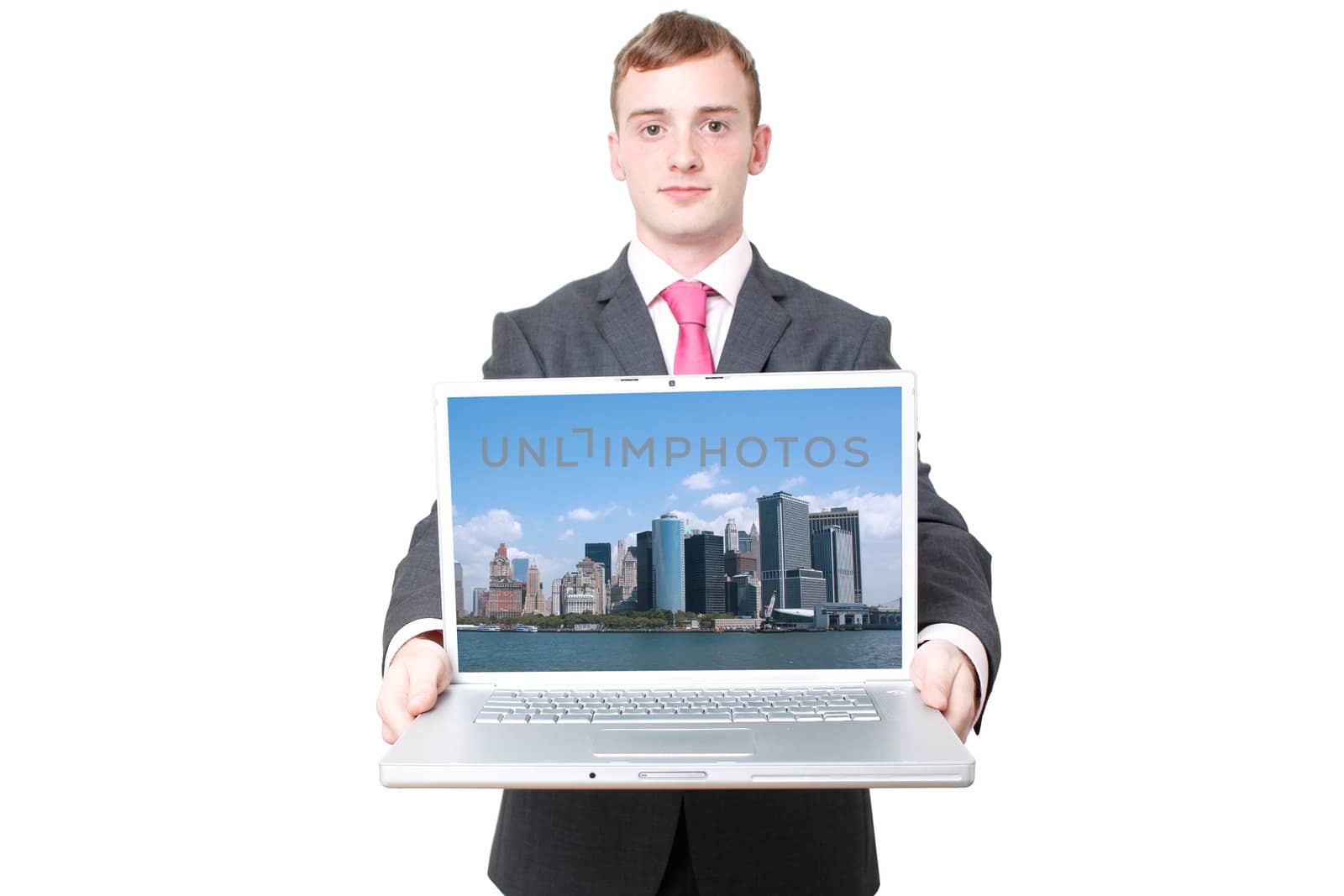 A business man with a laptop open
