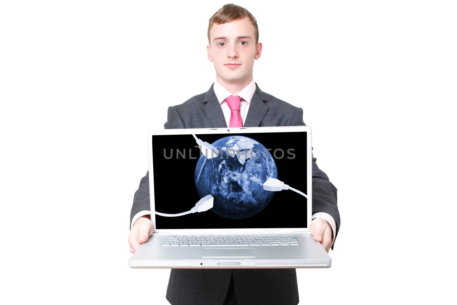 A business man with a laptop open