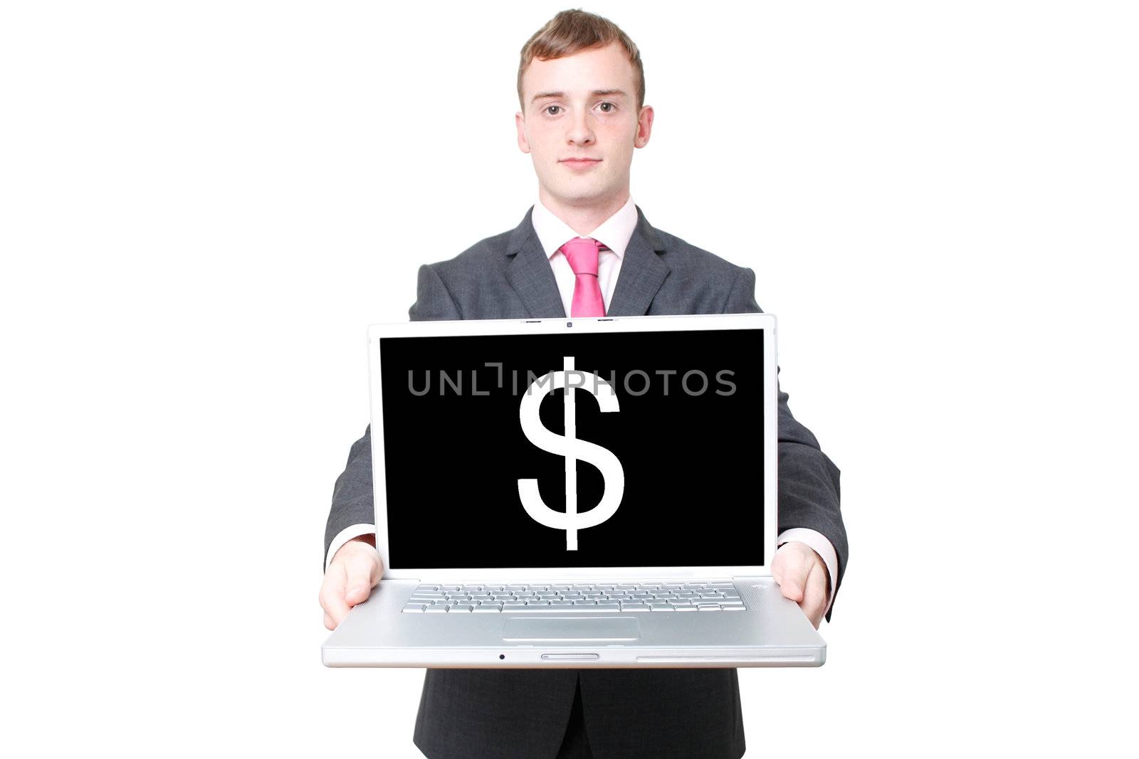 A business man with a laptop open