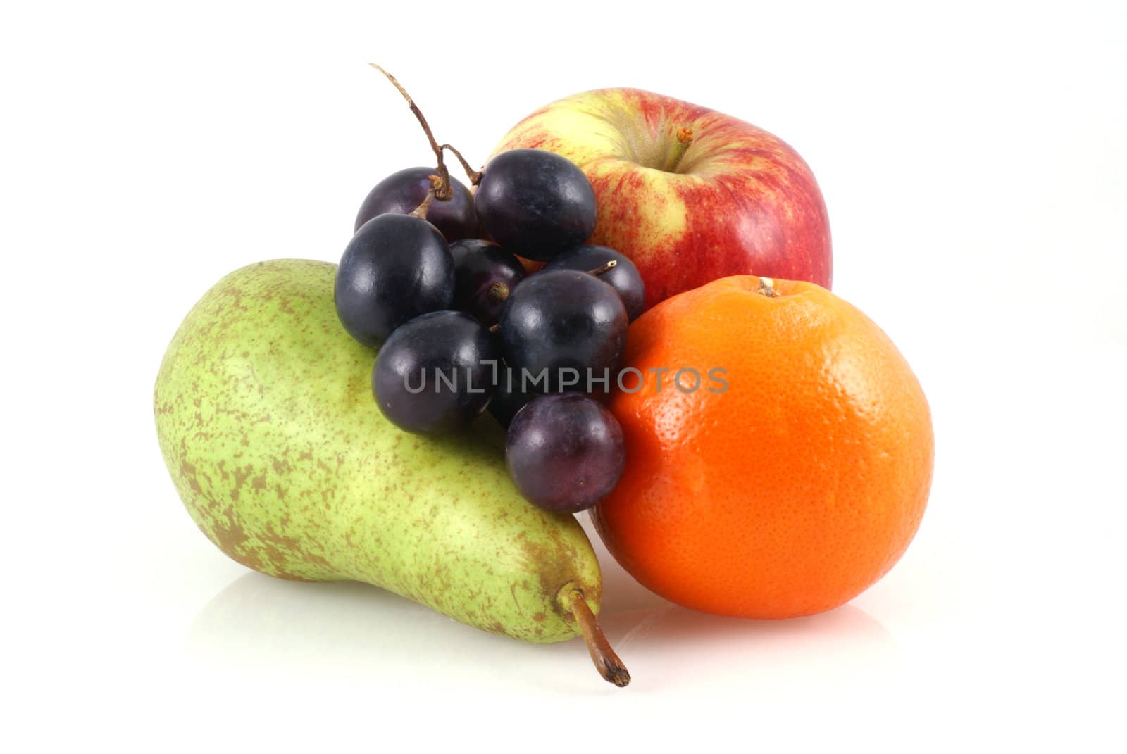Apple, pear, orange and a bunch of grapes on a white background.                