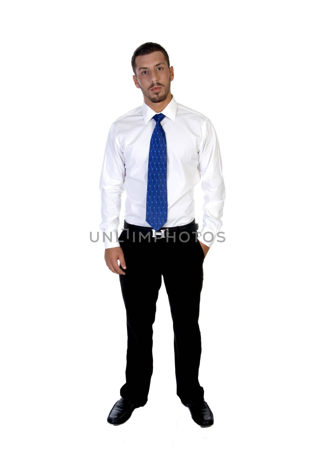 standing young businessman on an isolated white background