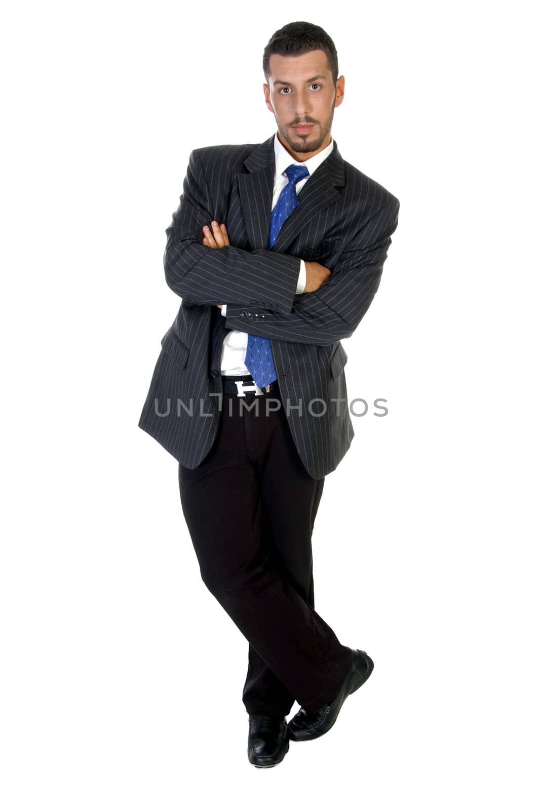 stylish pose of successful businessperson against white background