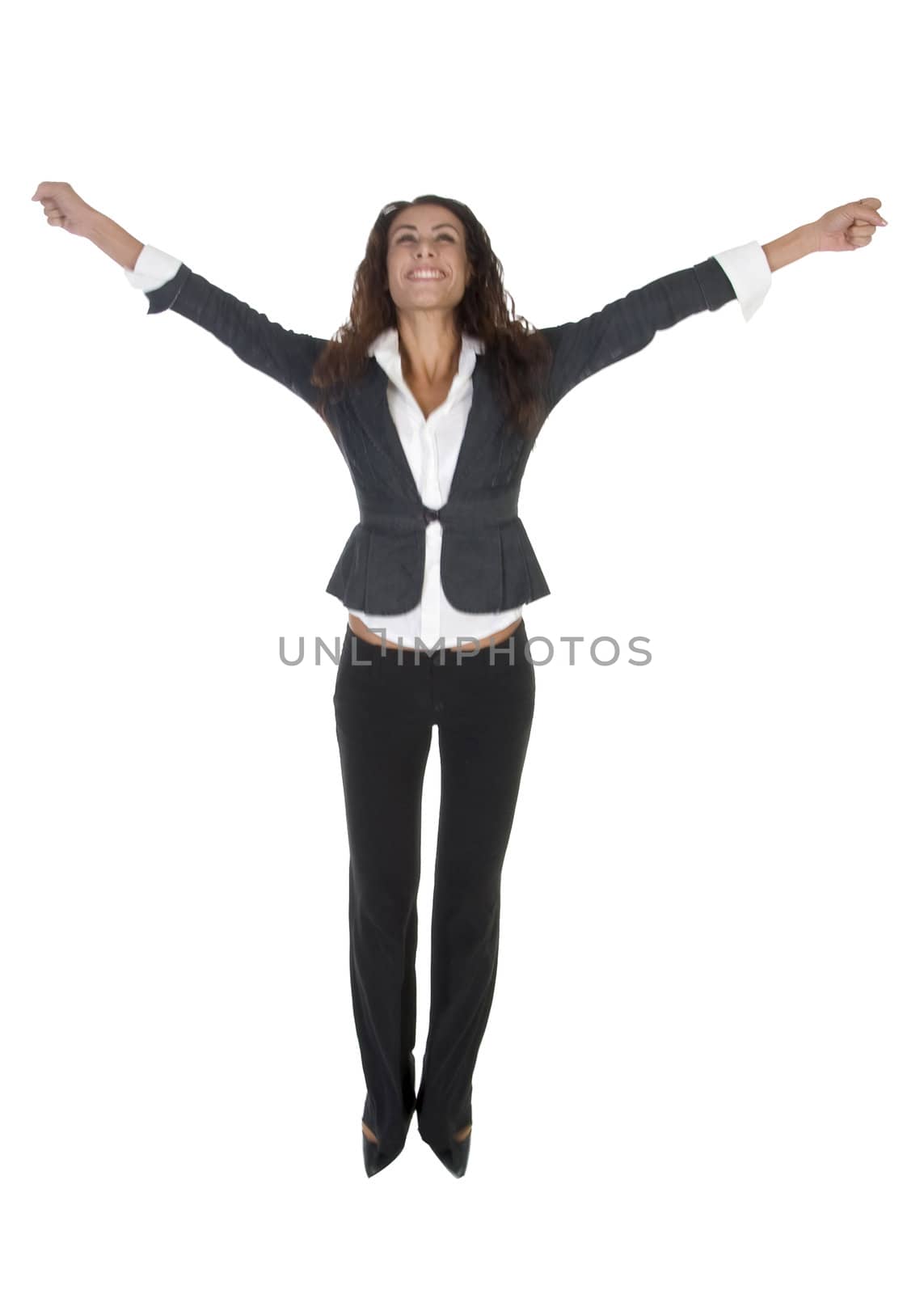 happy female trying to jump on an isolated background