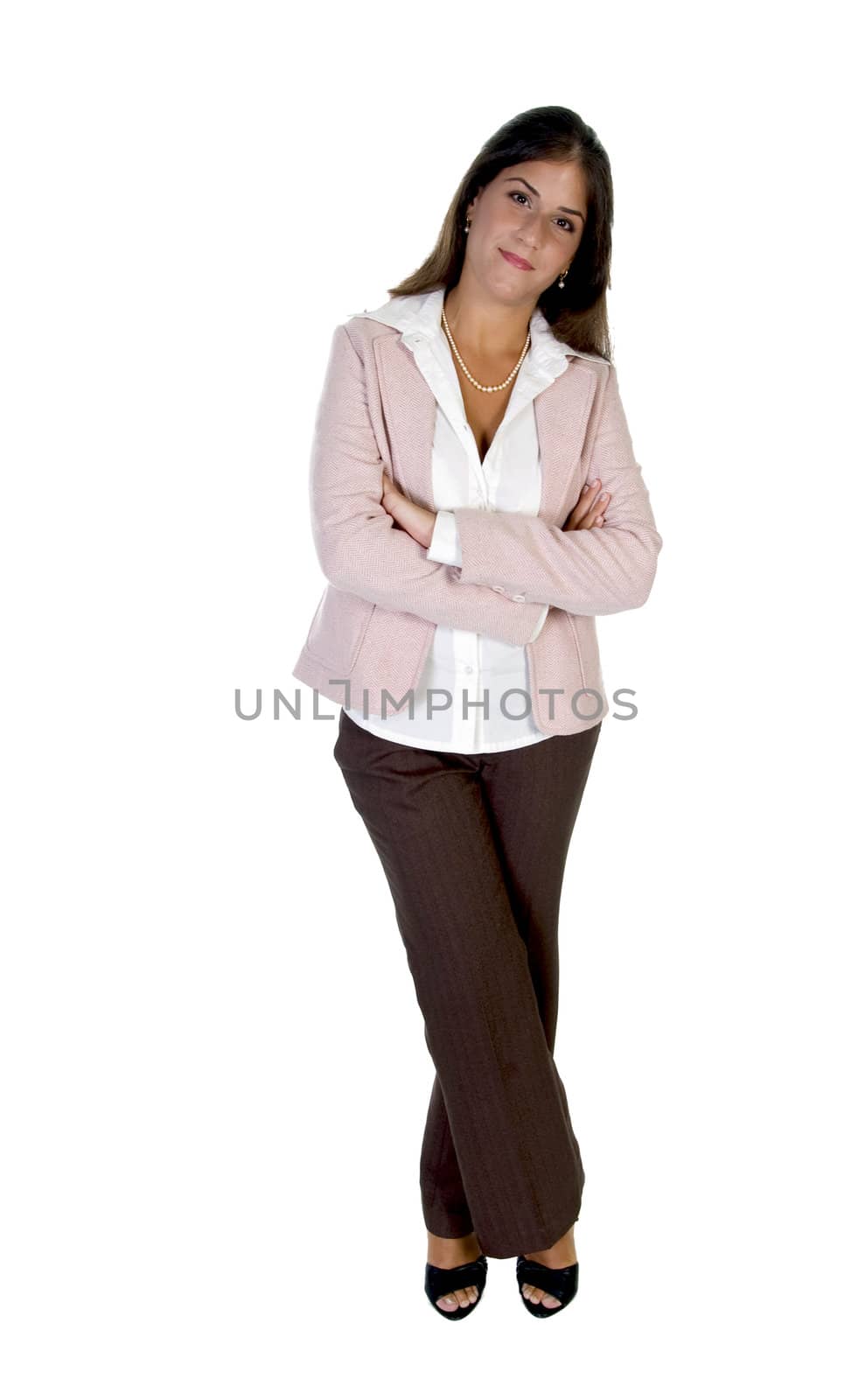 lady with folded legs and hands isolated with white background