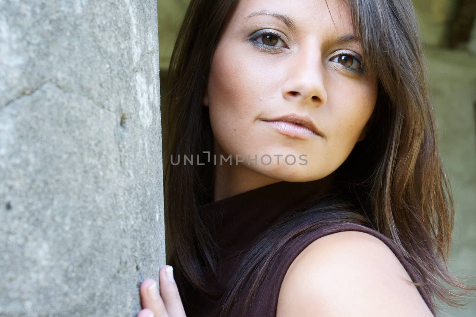 Young girl from Poland in old, cut manor house