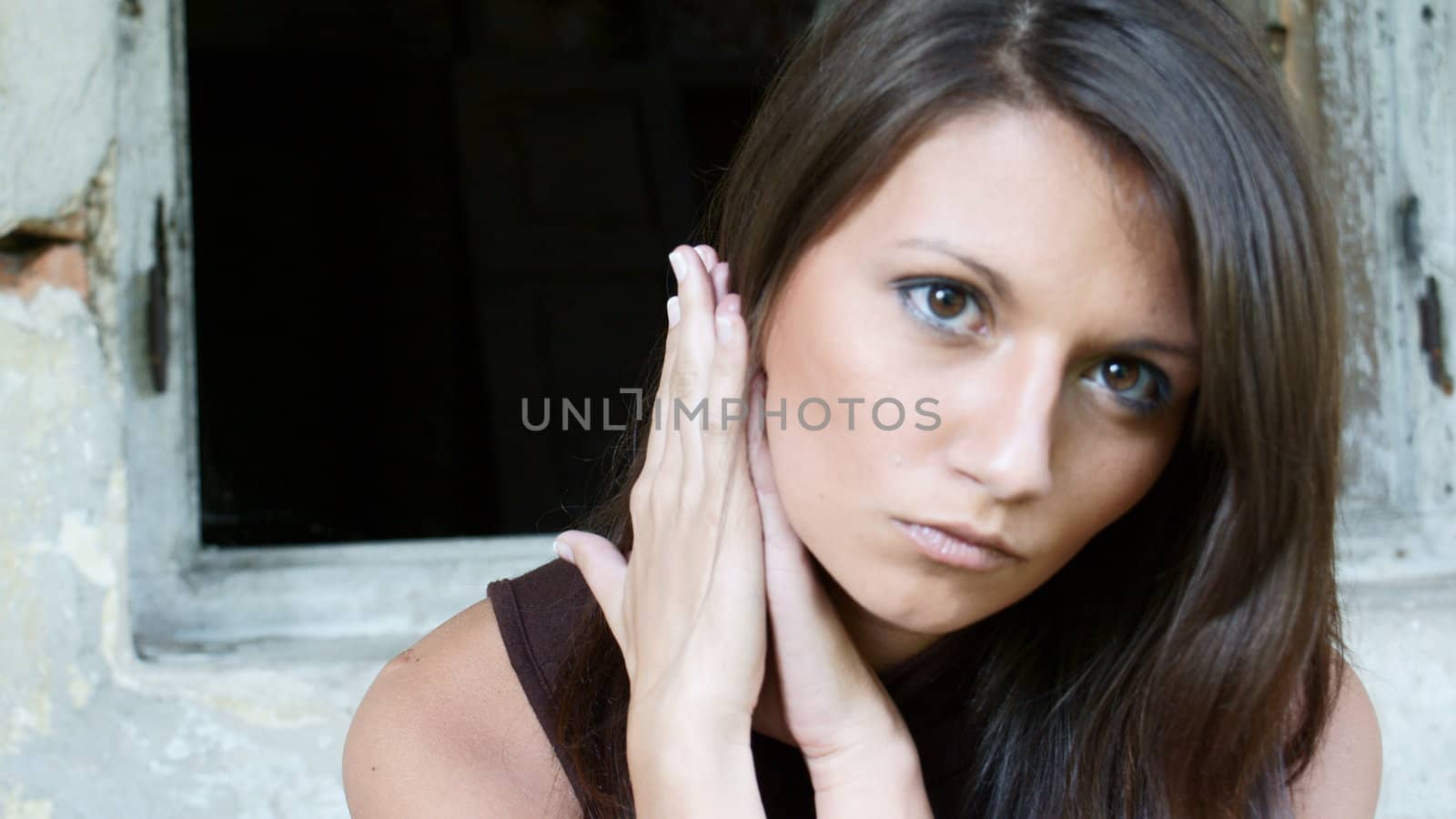 Young girl from Poland in old, cut manor house