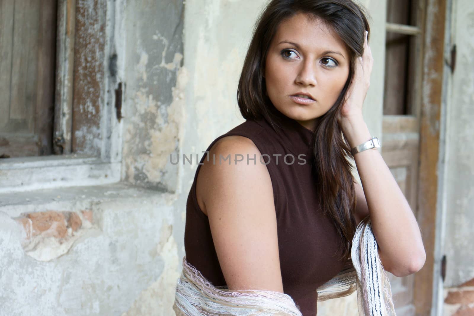 Young girl from Poland in old, cut manor house