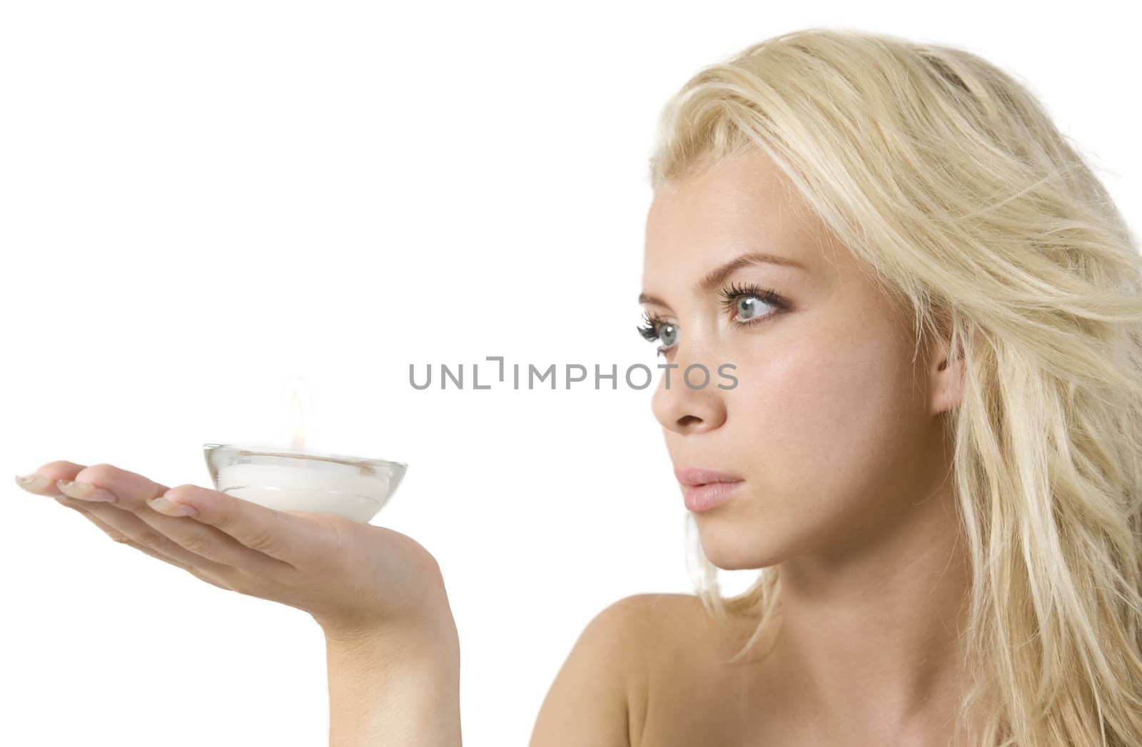 lady holding candlestick holder on isolated studio picture