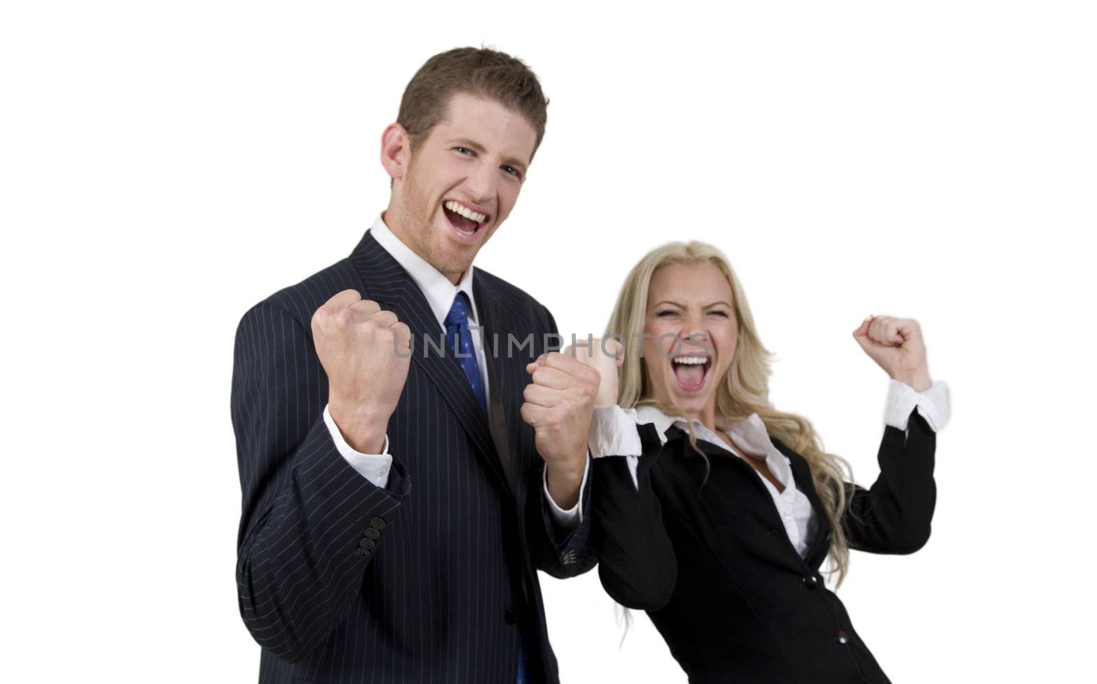 excited business couple on isolated background