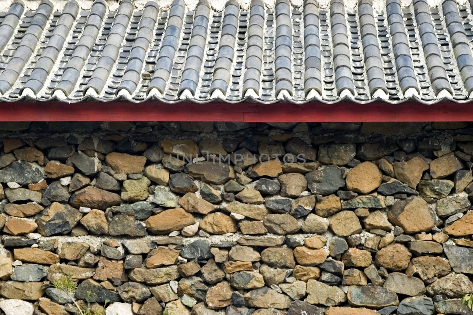 China, Lijiang town - stoned wall in ancient water town with simple roof, typical Chinese architecture.