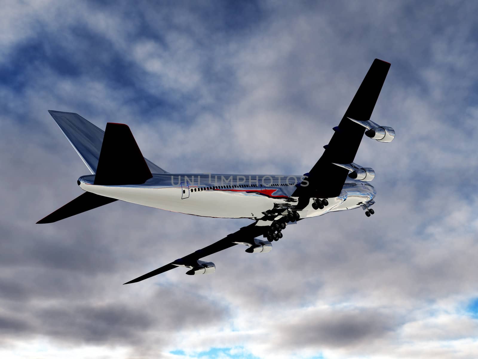 An airplane that is flying high in the sky.