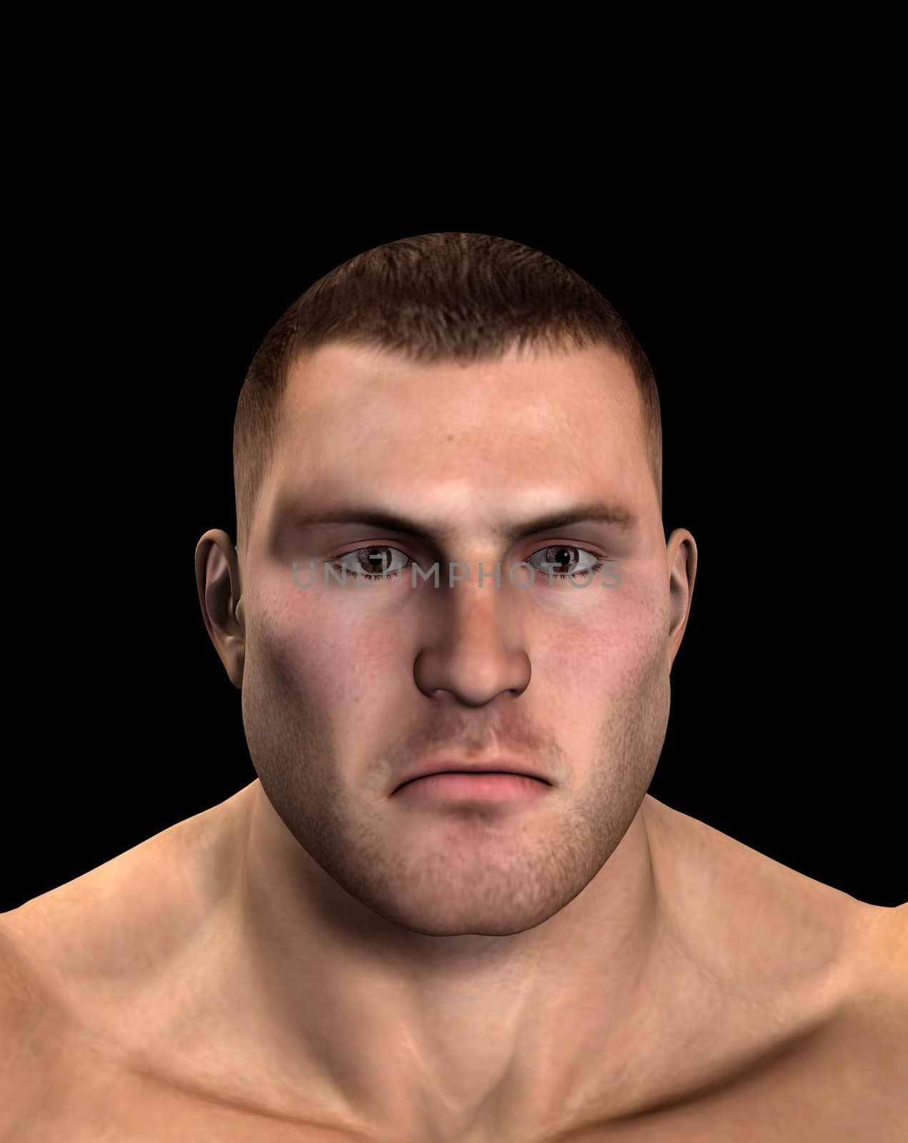 The face of a very tough and burly looking man.
