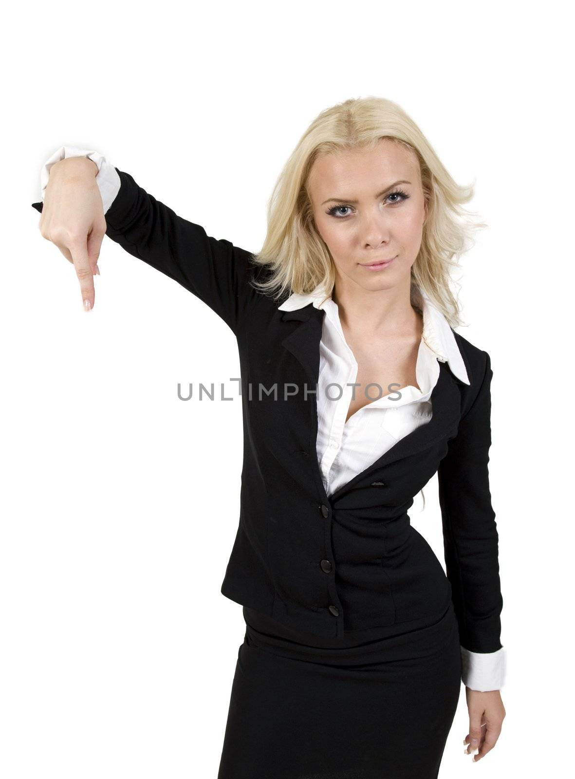 lady pointing down on isolated background