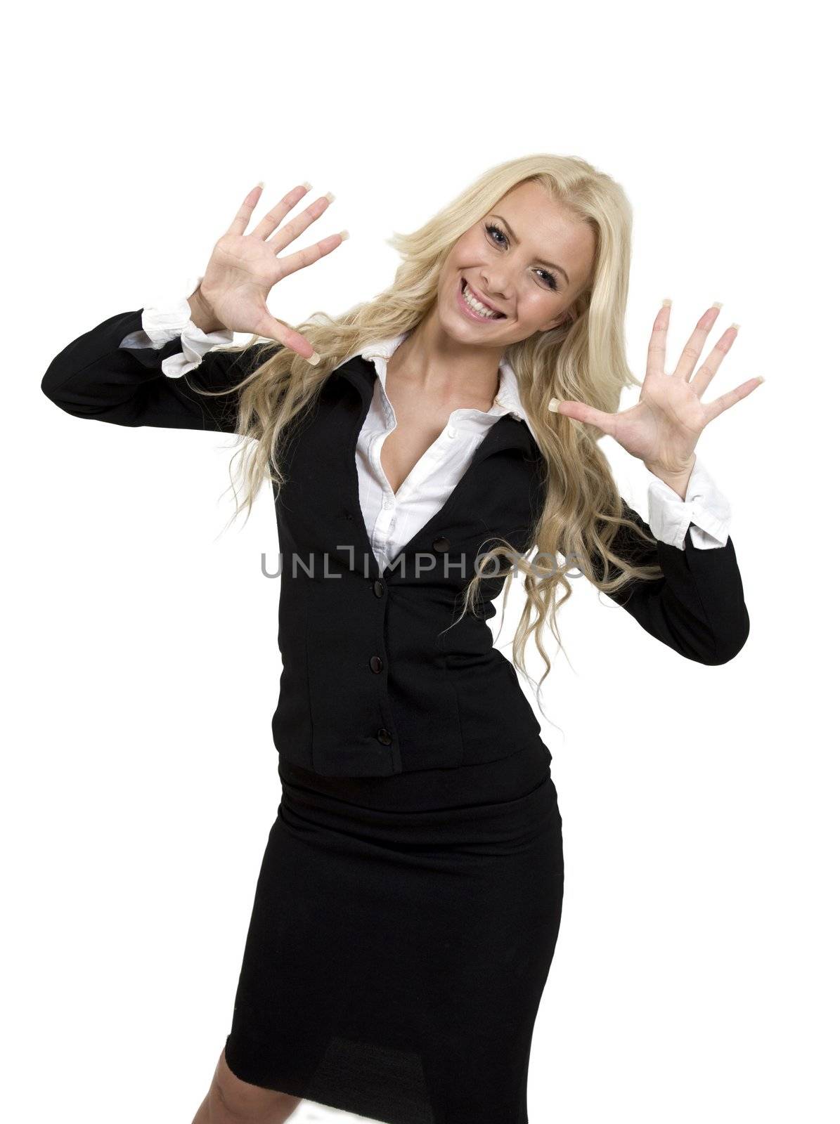 young woman showing her palms on isolated background