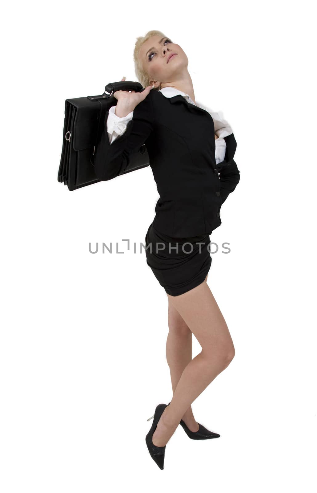 businesswoman holding office-bag on white background