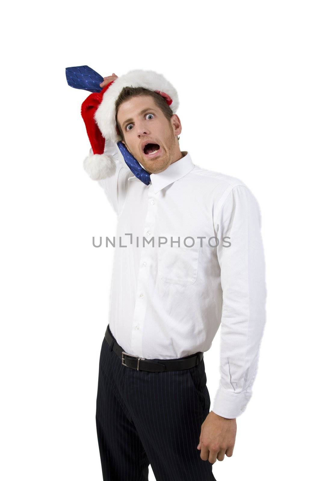 model hanging himself on isolated background