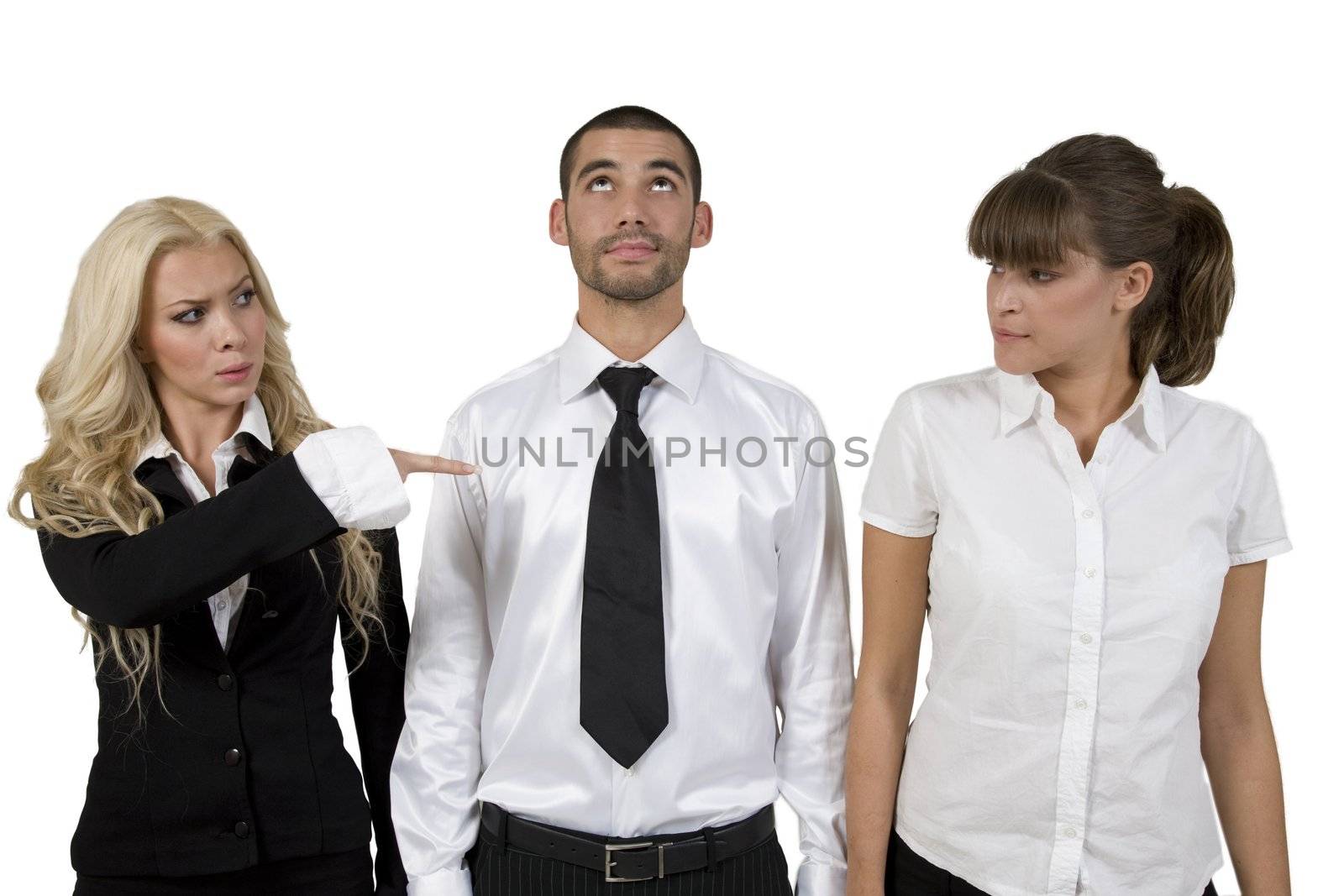 man looking upwards and woman pointing on white background