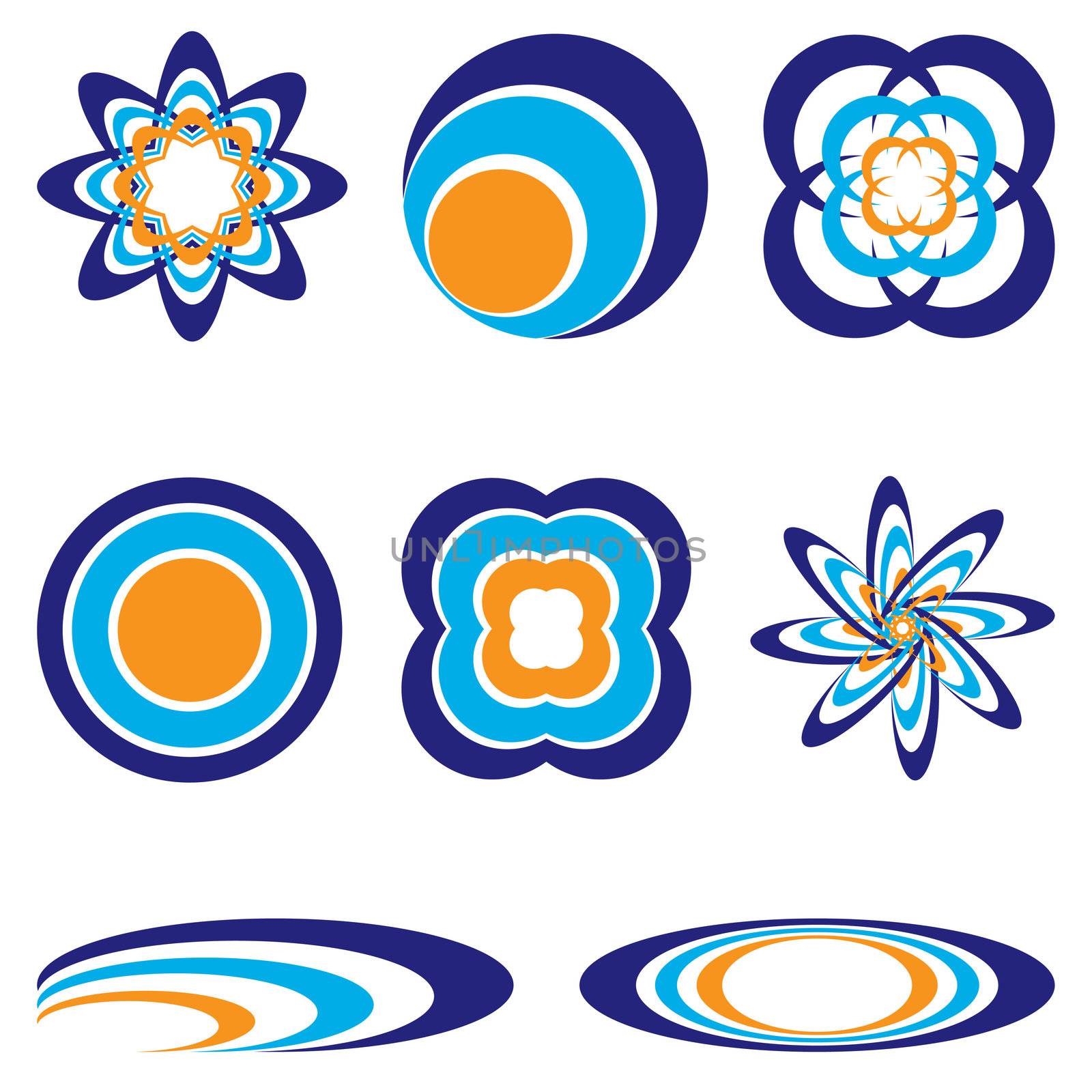 collection of eight orange and blue illustrated icons