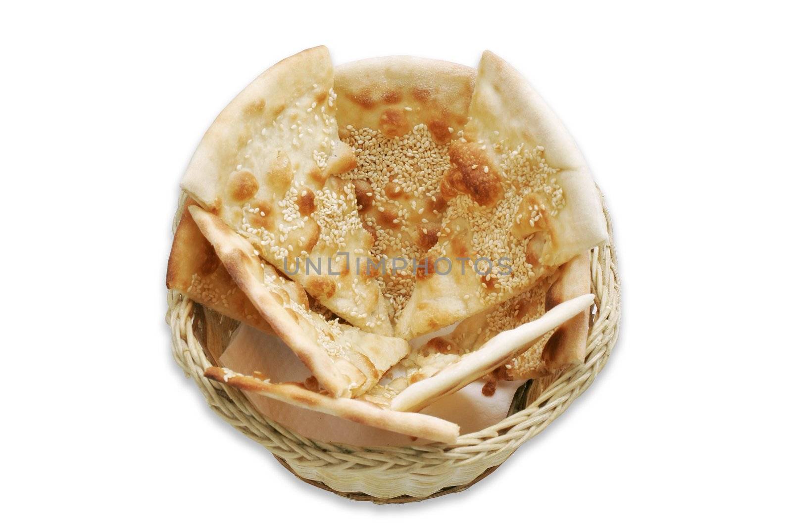  Focaccio - italian bread with sesame in basket   