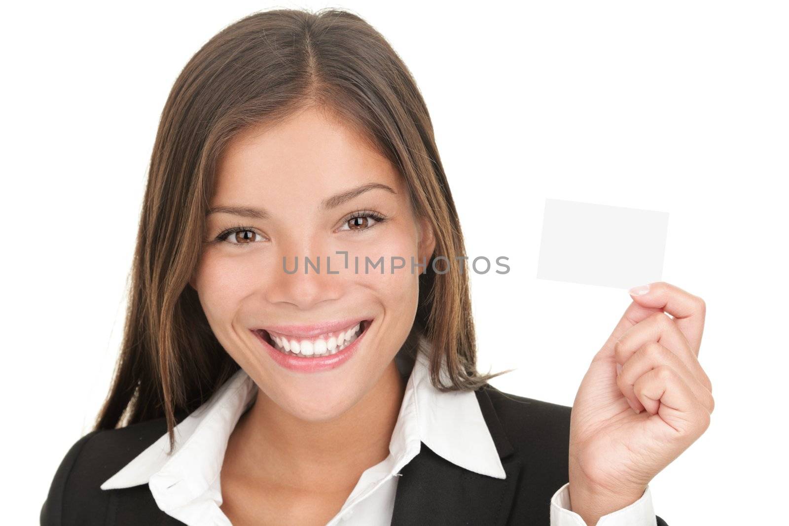 Businesswoman holding business card by Maridav