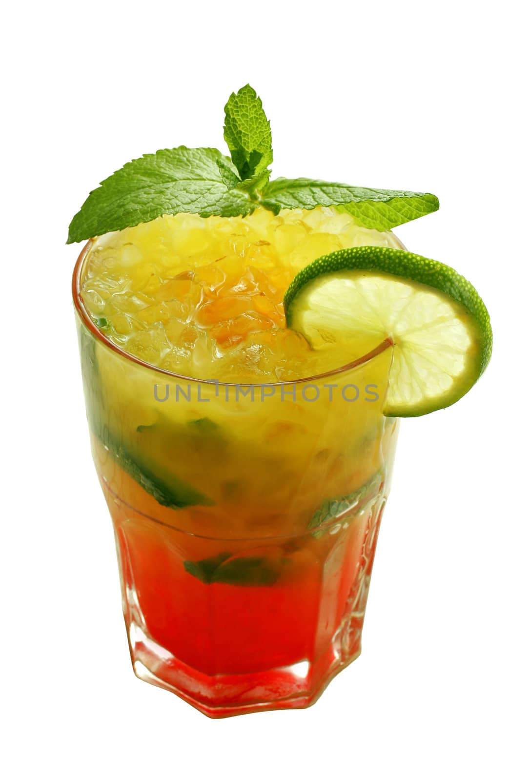 Tropical cocktail with ice and lime on white background isolated with path.