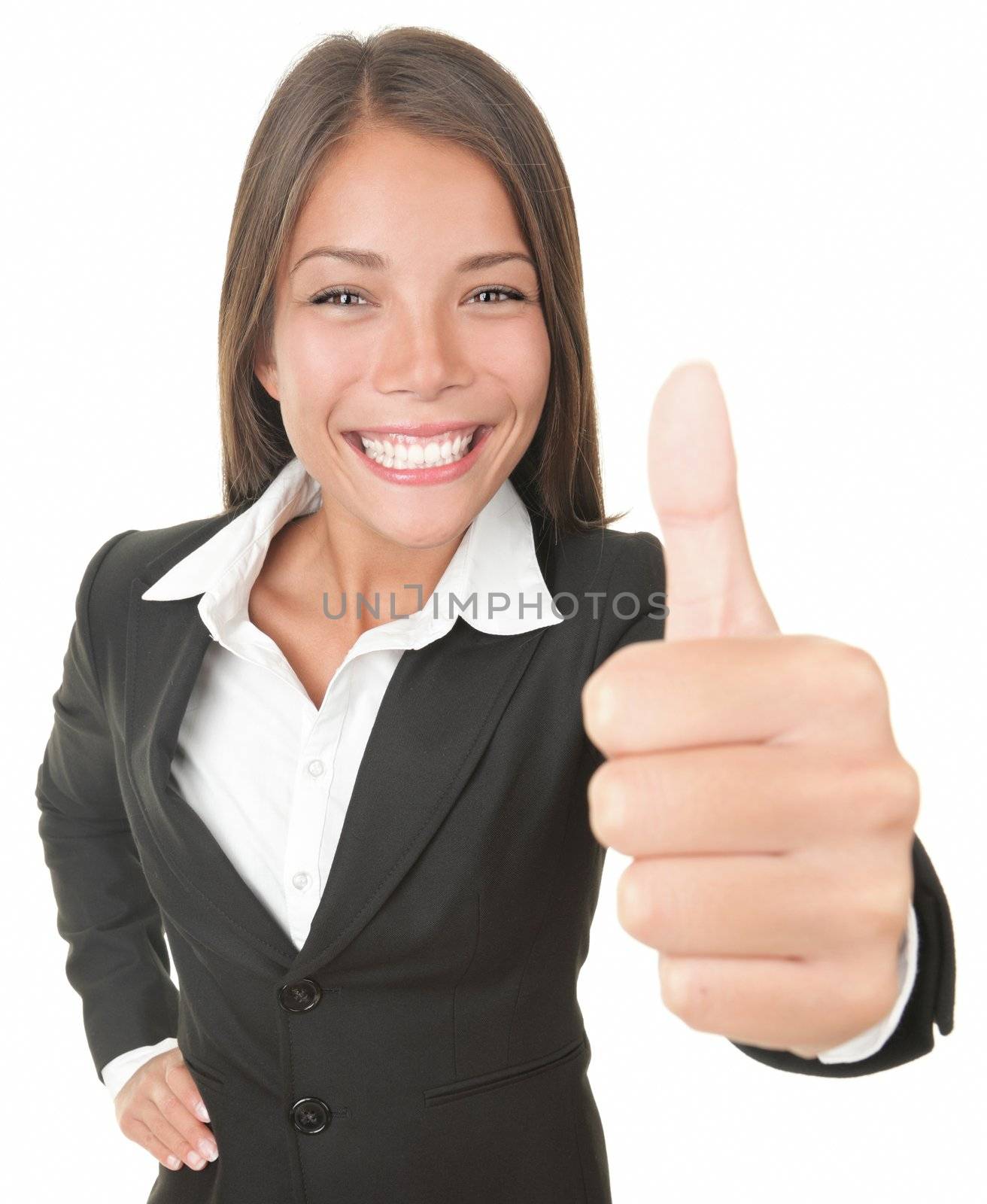 Success business woman isolated giving thumbs up looking at the camera. Successful happy Asian / Caucasian businesswoman. Isolated on white. 