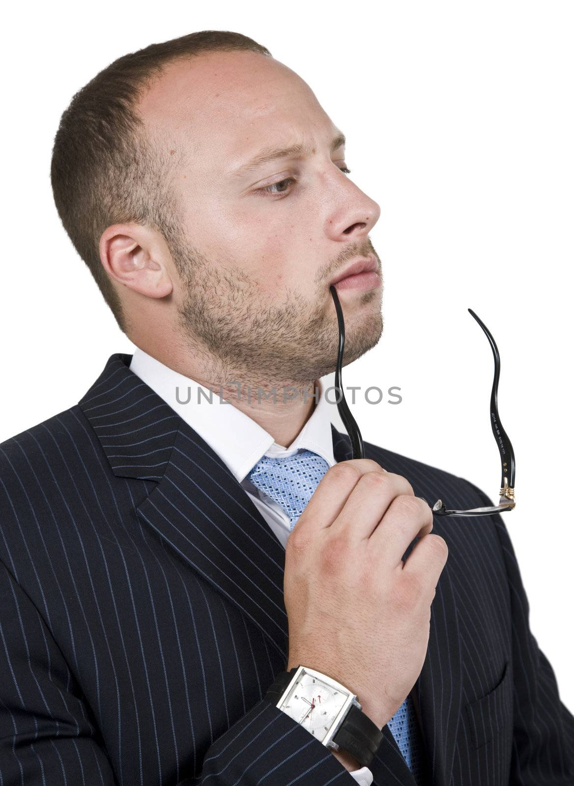thinking businessman with spectacle on isolated background

