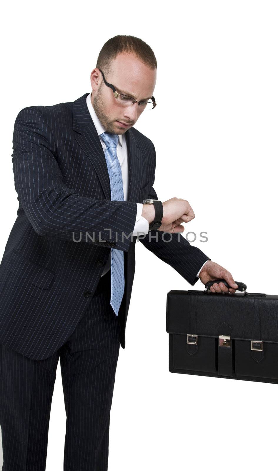 businessman getting late on isolated background

