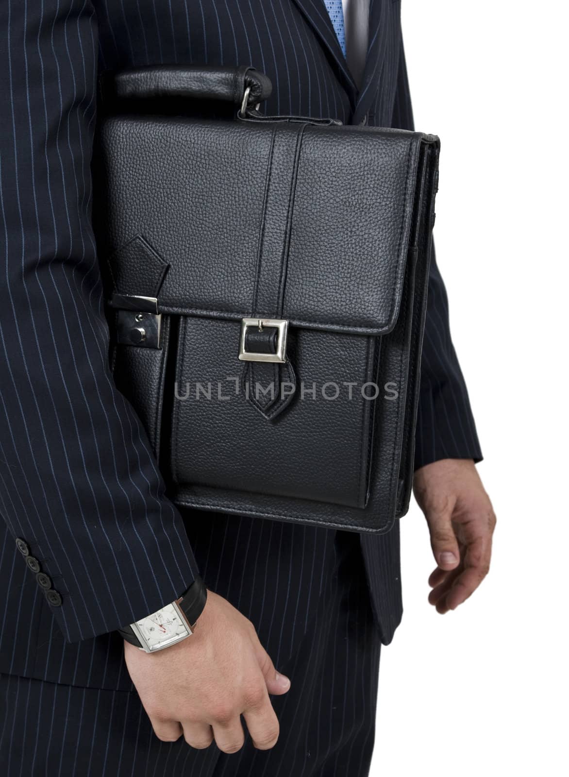 man holding leather bag on isolated background

