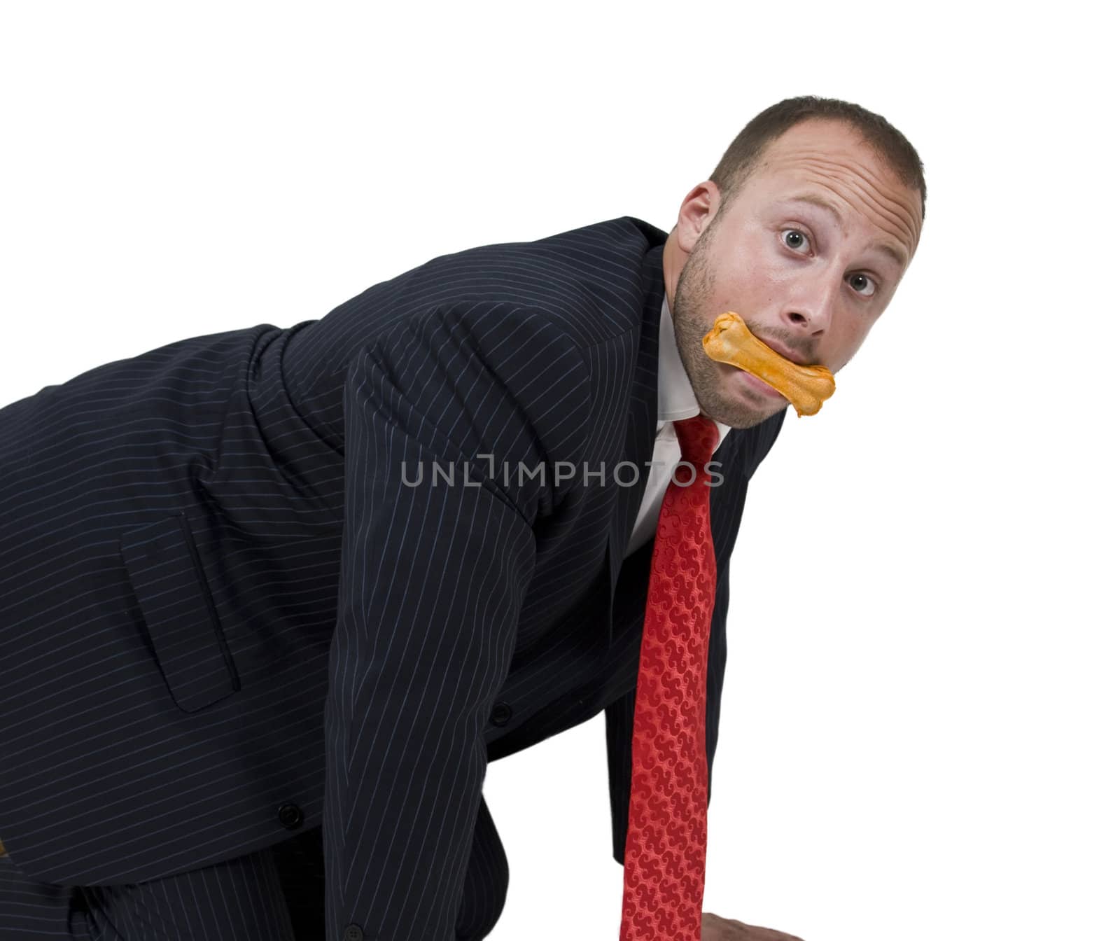 man with dog-biscuit on isolated background

