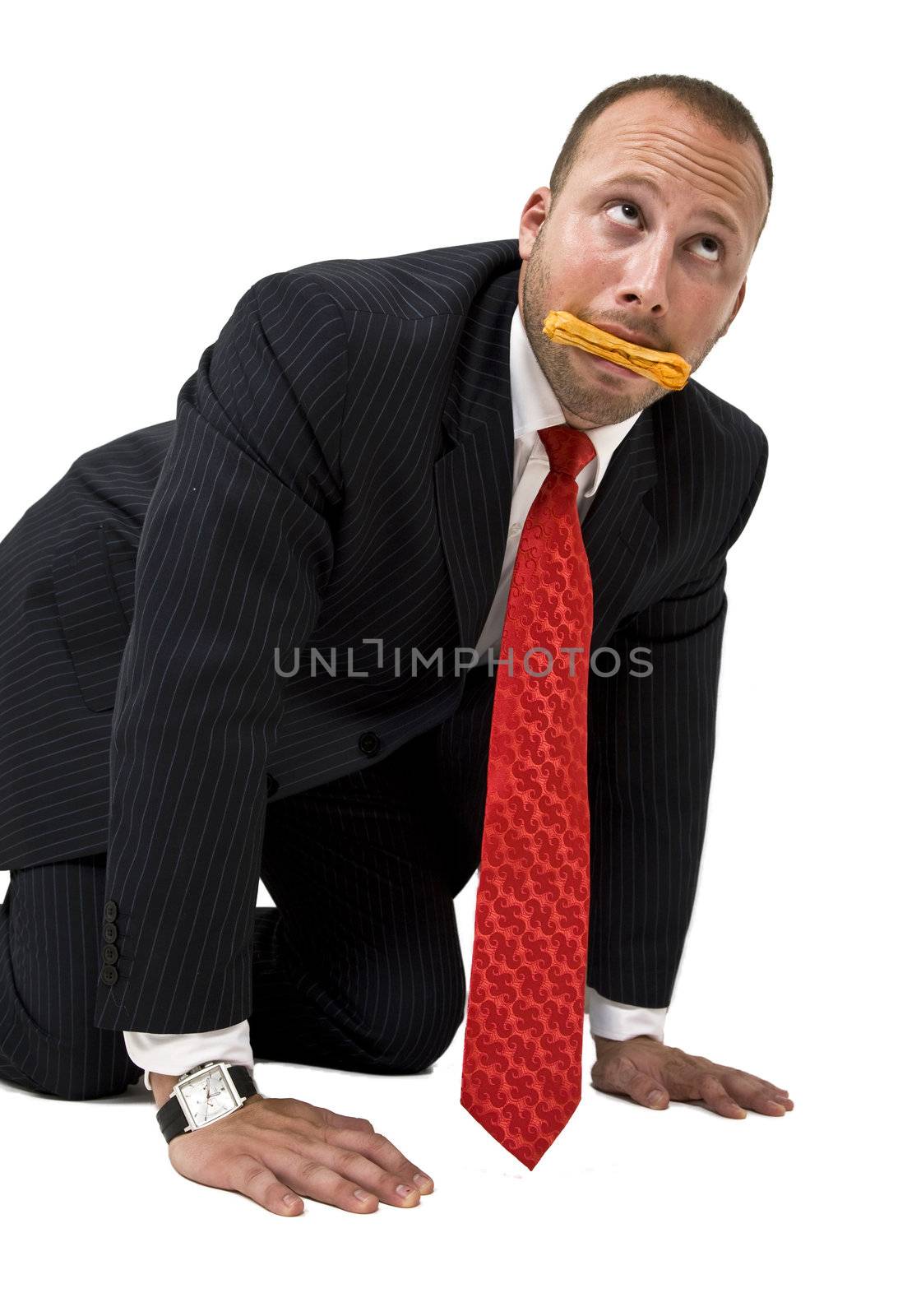 man with dog biscuit on isolated background


