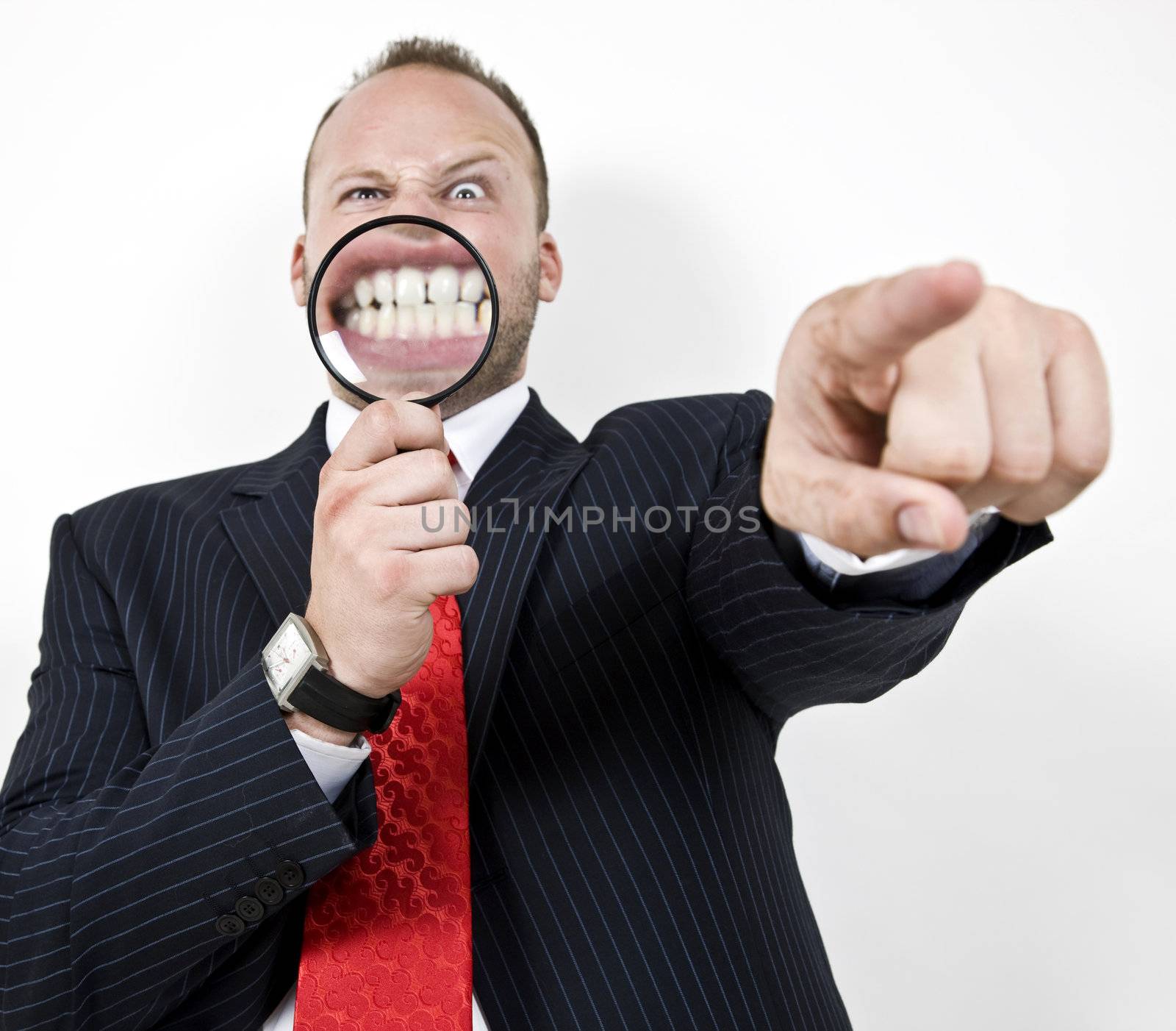 angry man with magnified teeth on isolated background
