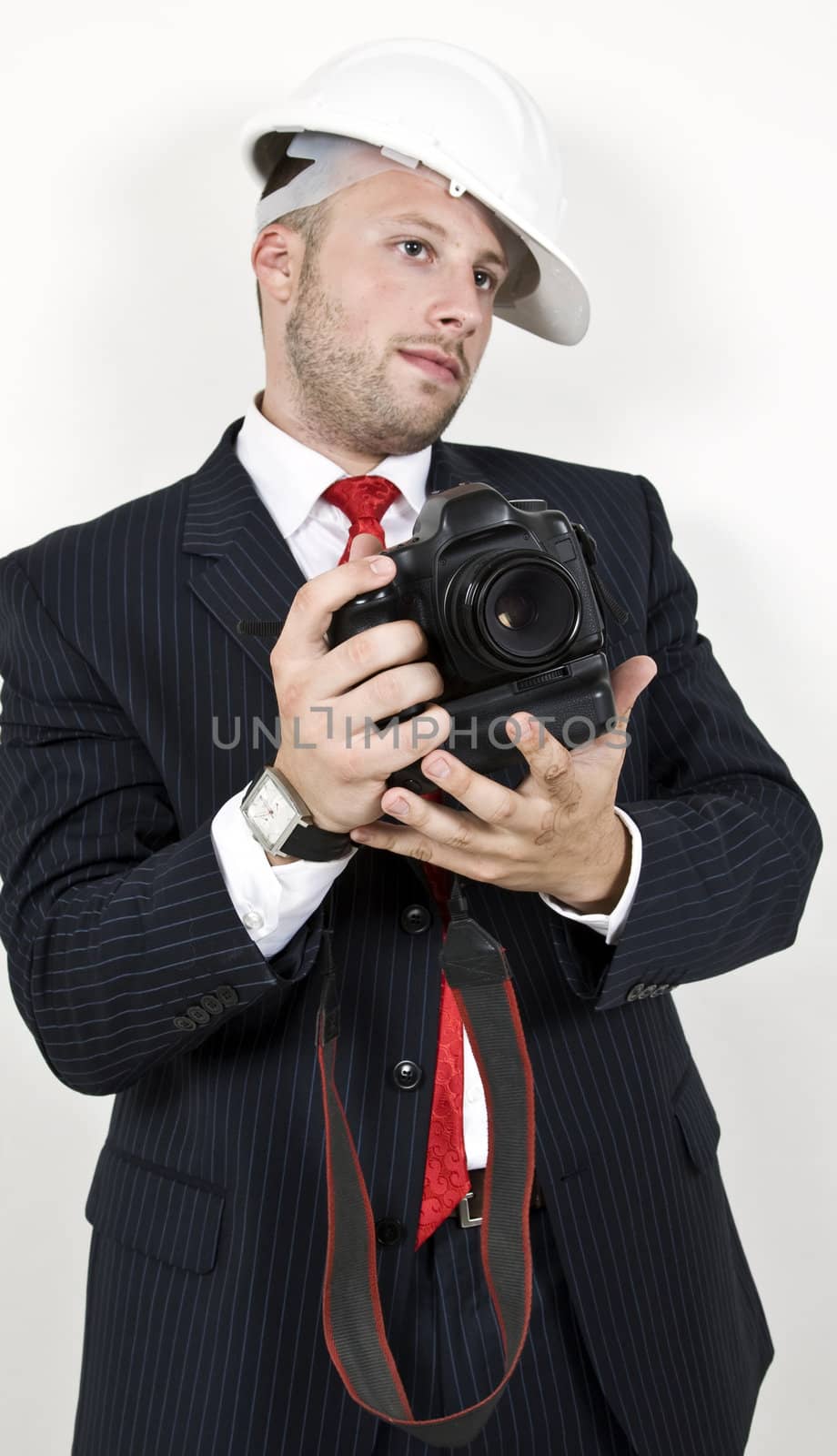 man holding camera on isolated background
