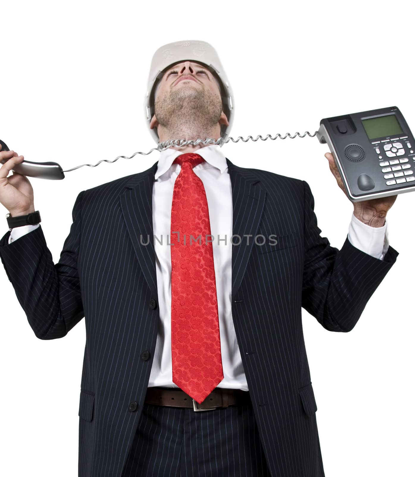 male with phone wire around neck on isolated background

