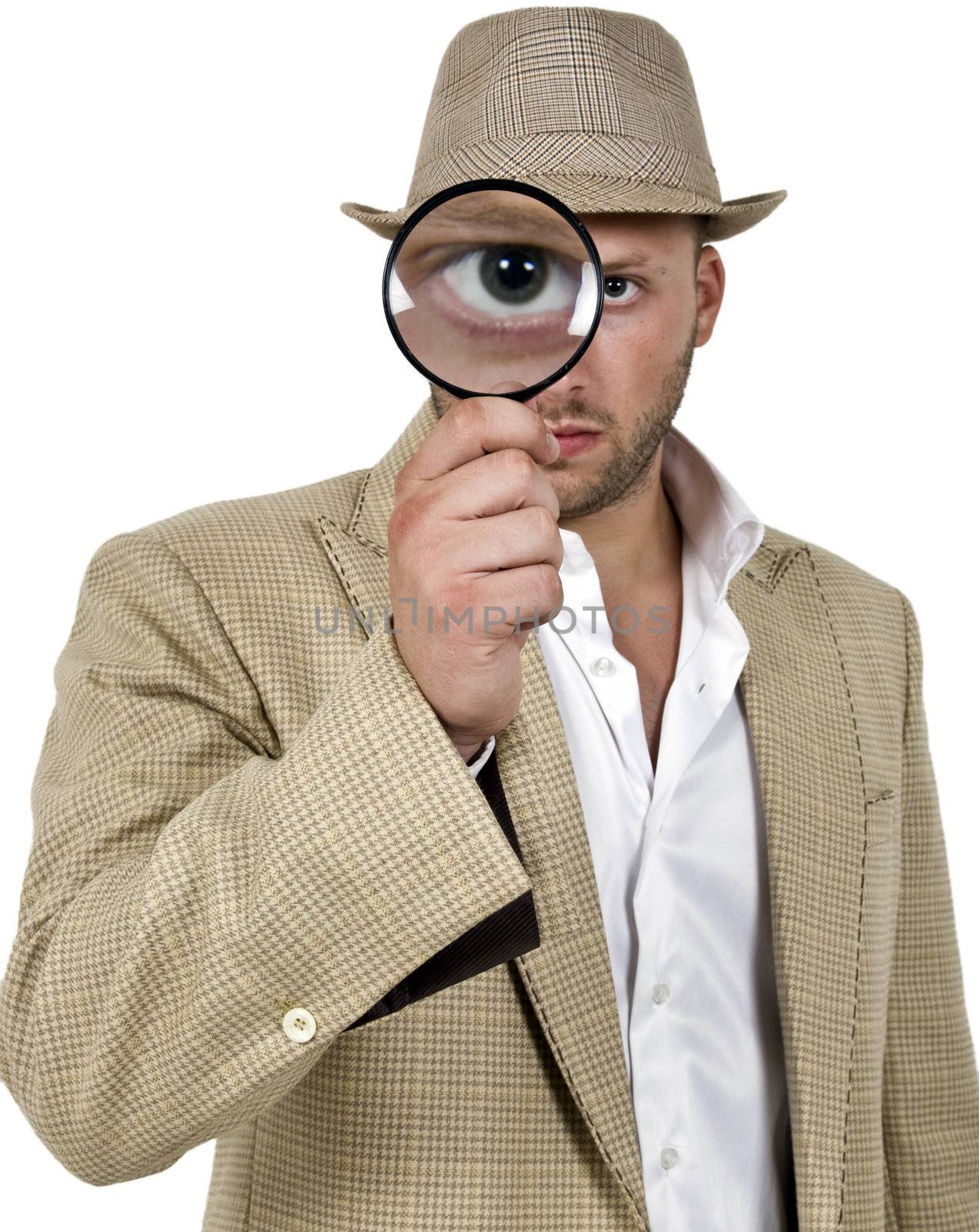 detective holding magnifier on isolated background
