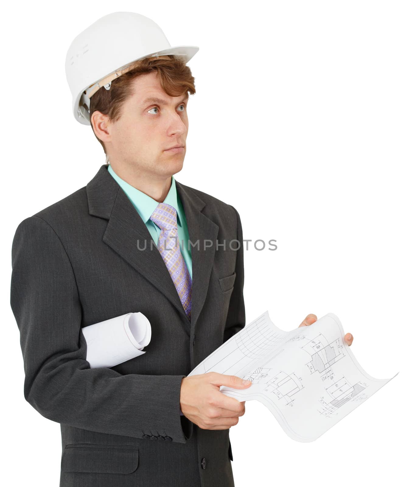 Serious builder thinks the project, isolated on a white background