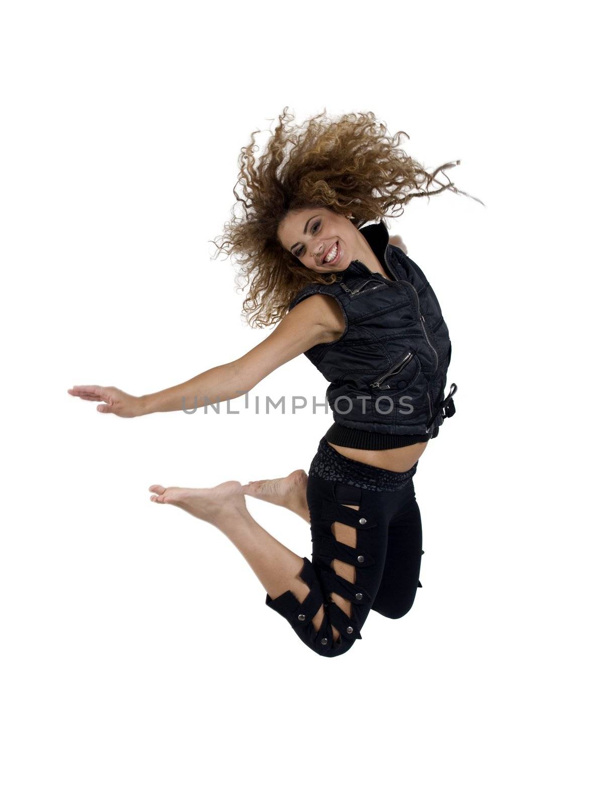 young female jumping high on isolated studio picture
