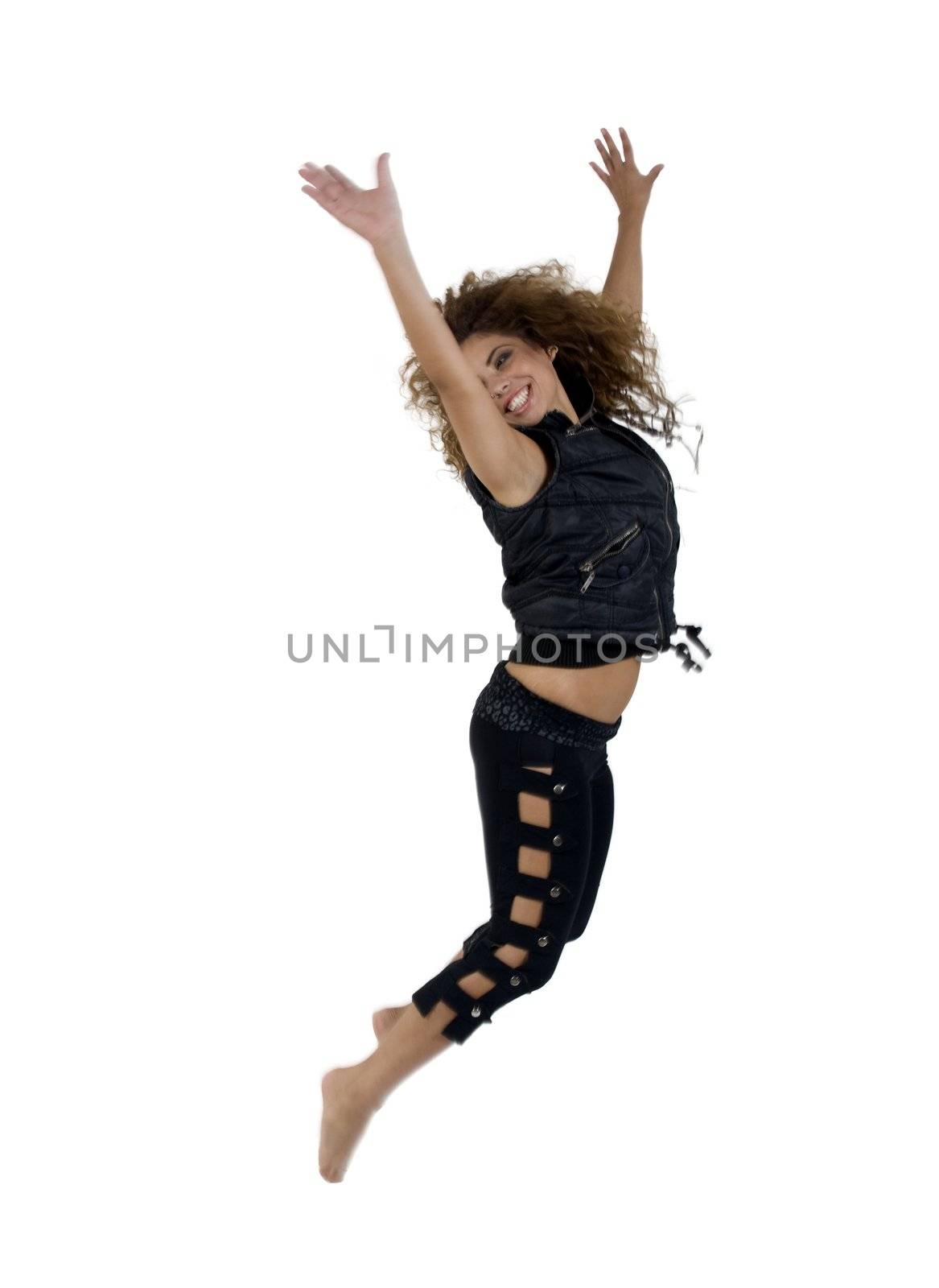 lady jumping for joy against white background