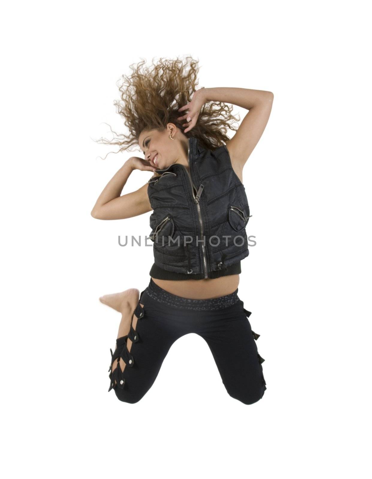 beautiful young lady jumping on white background