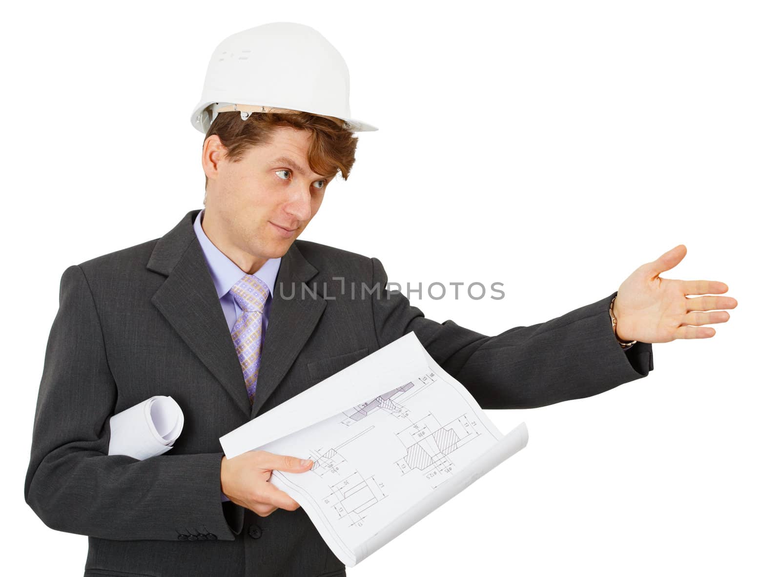 Foreman in a protective helmet shows his hand
