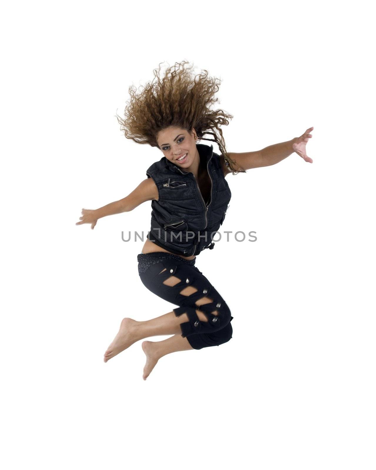 spin jumping lady with white background