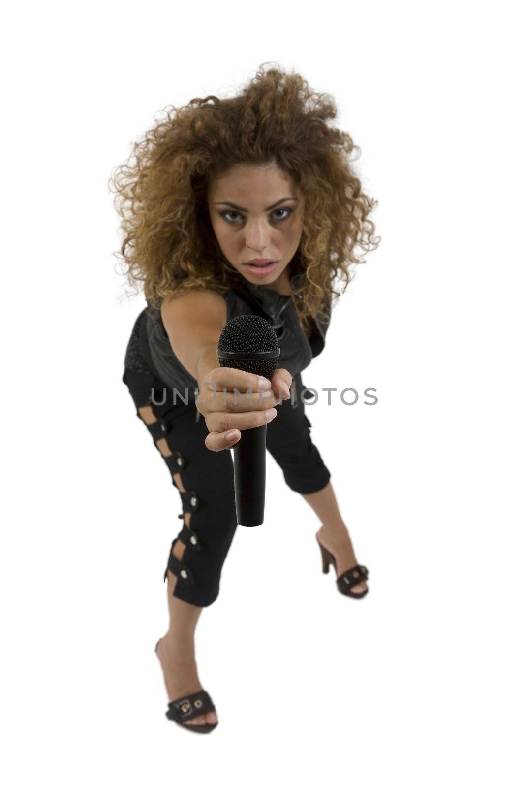 singer offering her mic to sing with white background