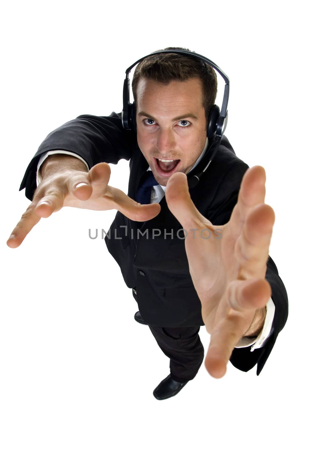 young businessman works with microphone on white background