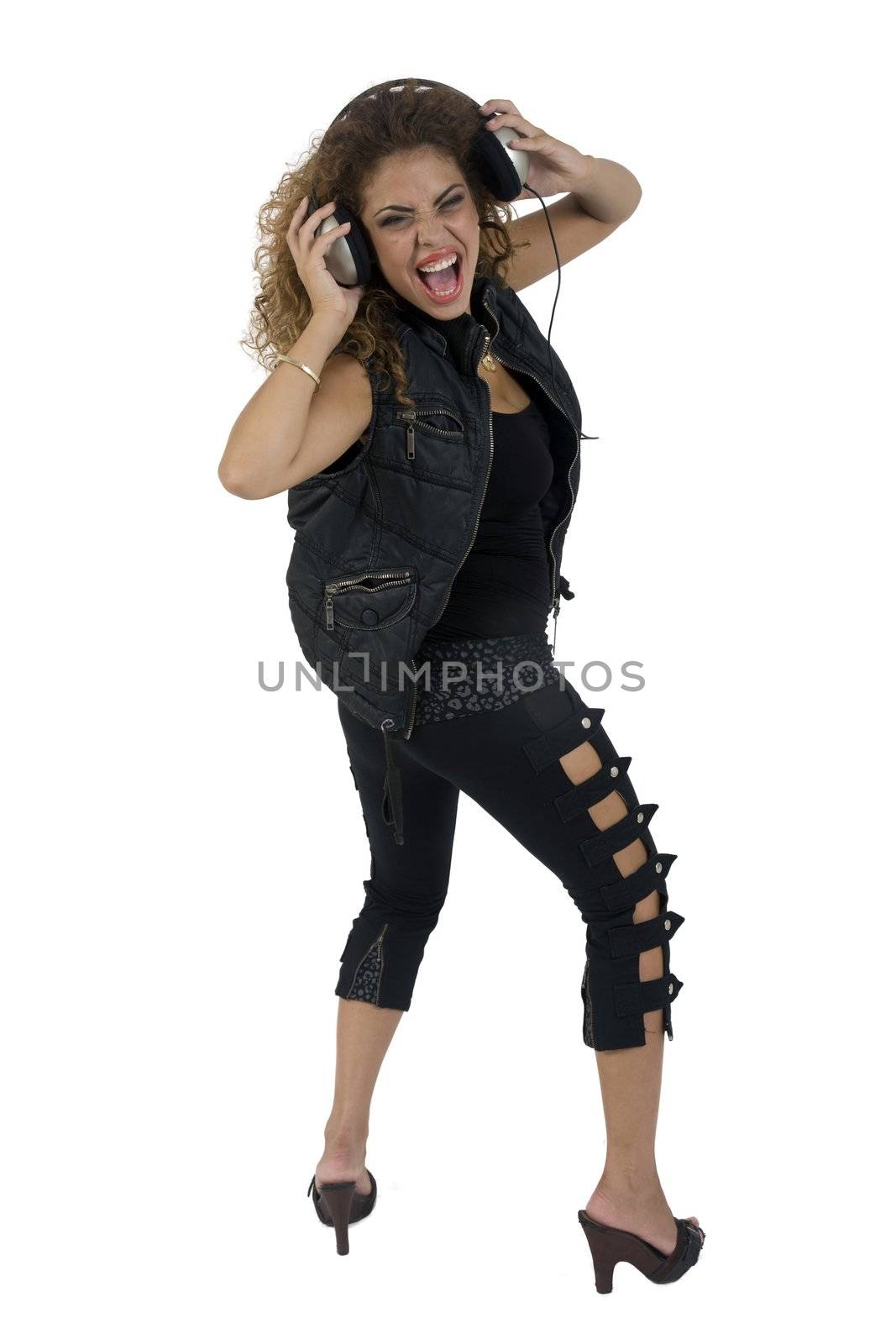 lady enjoying music with headphone against white background