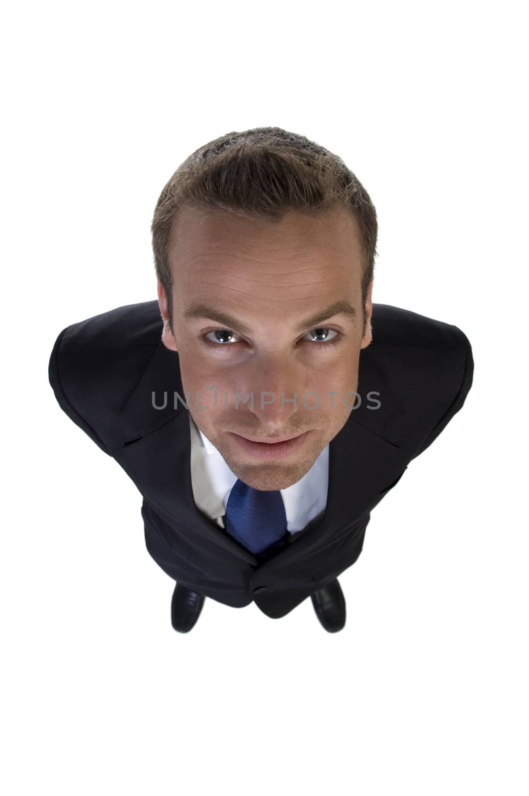 businessman looking upwards on an isolated background