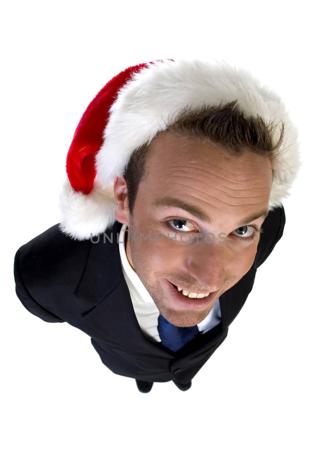 posing businessman with christmas cap on white background